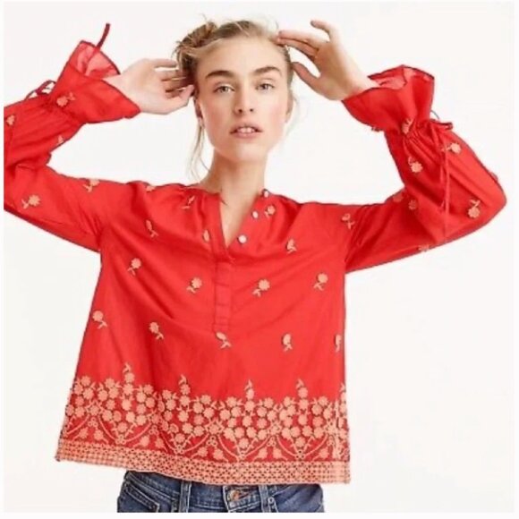 J. Crew Floral Applique Embroidered Cotton Voile Peasant Blouse/Top/Shirt Small - Picture 1 of 10